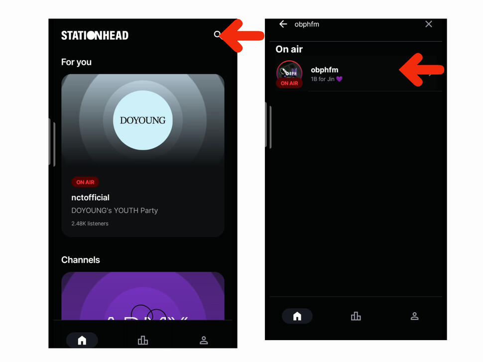 (6) To join streaming party, just click the party link provided or search for the host's name on stationhead app. (7) Just click the result under the search bar and you're in! Make sure to set your phone's volume from 50% up.