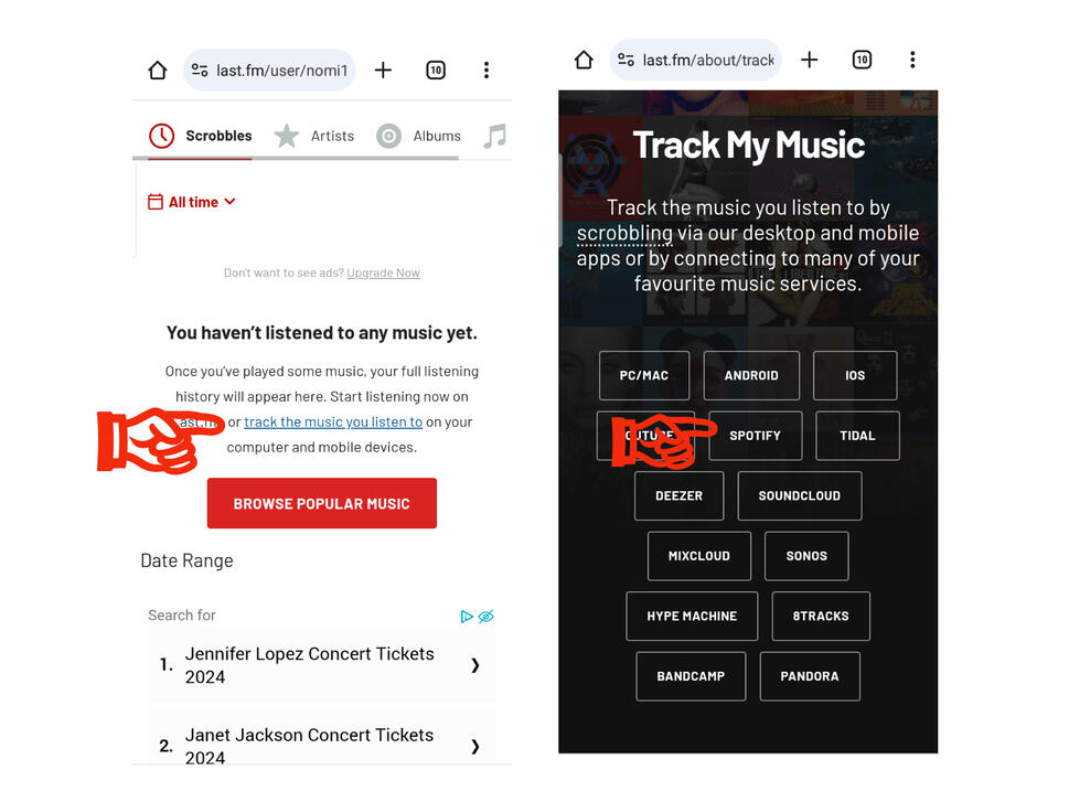 (11) You can also connect your Spotify by pressing this link under Scrobbles tab. (12) Press on Spotify.