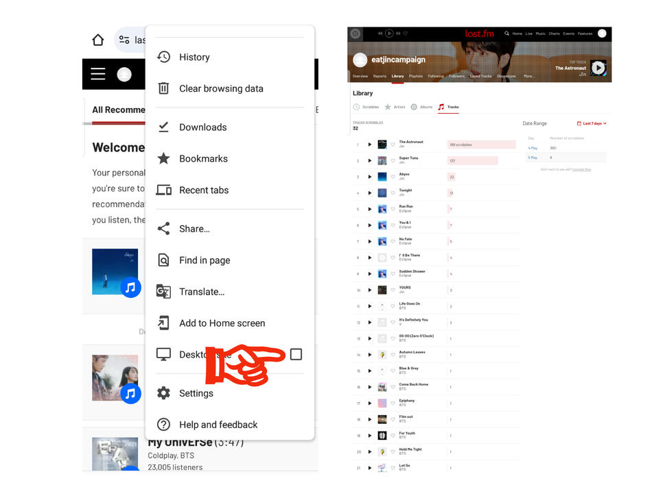 (5) Tick 'Desktop' site. (6) Screenshot the whole page, it must include your username, the date with the chart (right side) and the list of songs you listened to. Upload your entry to the given form
