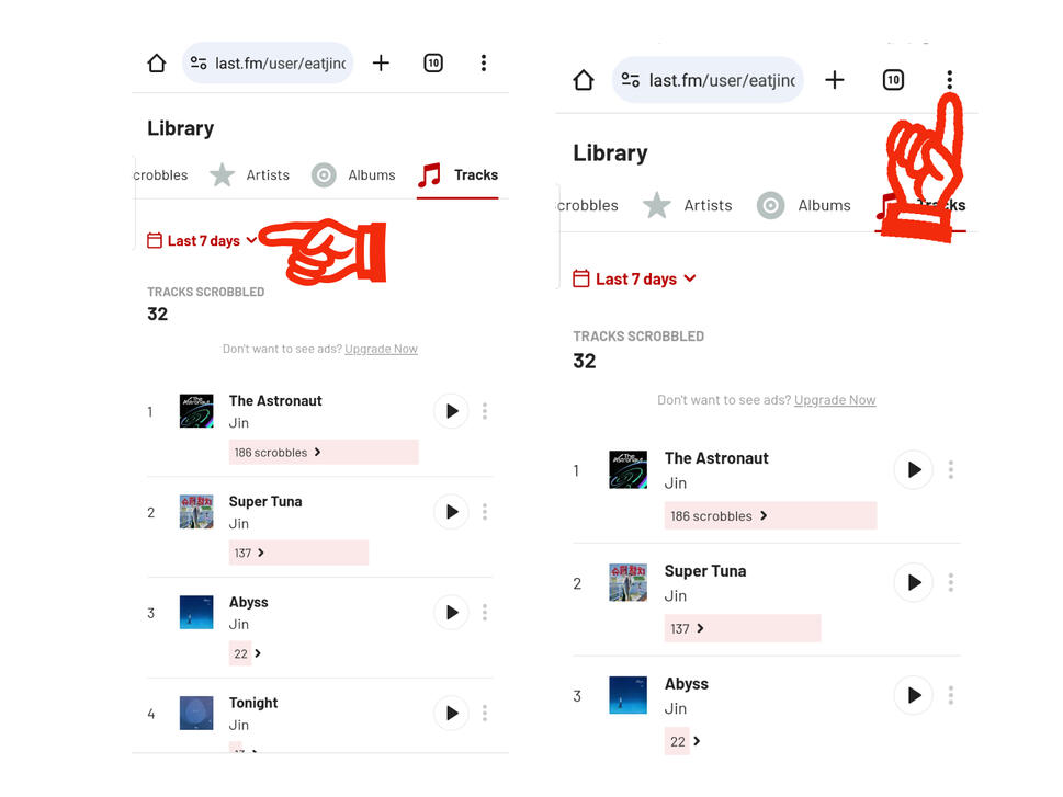 (3)Change filter date to Last 7 days (4) If you're using a phone , before taking a screenshot, set your browser to desktop mode by pressing the 3 dots on the upper right corner of the page.
