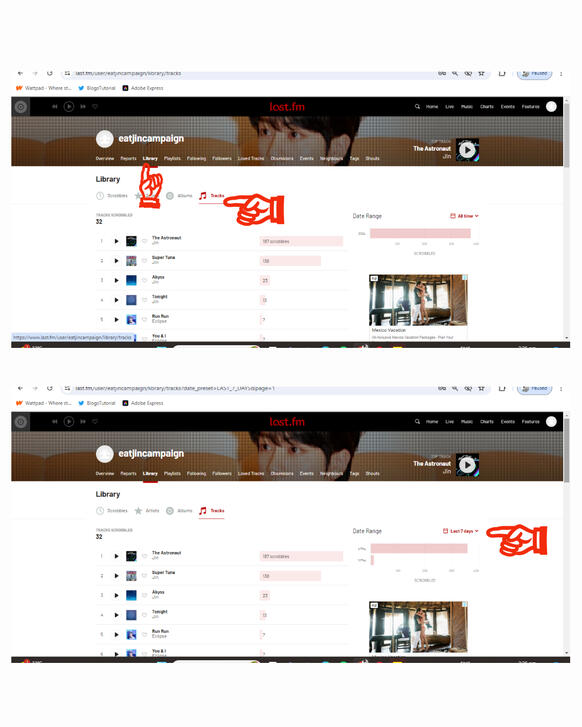 (13) Go back to your profile, go to 'Library' tab, go to 'Track' tab. (14) Change date filter for the Last 7 days. Screenshot the whole page, it must be include your username, the chart (right side) and the list of songs you streamed.